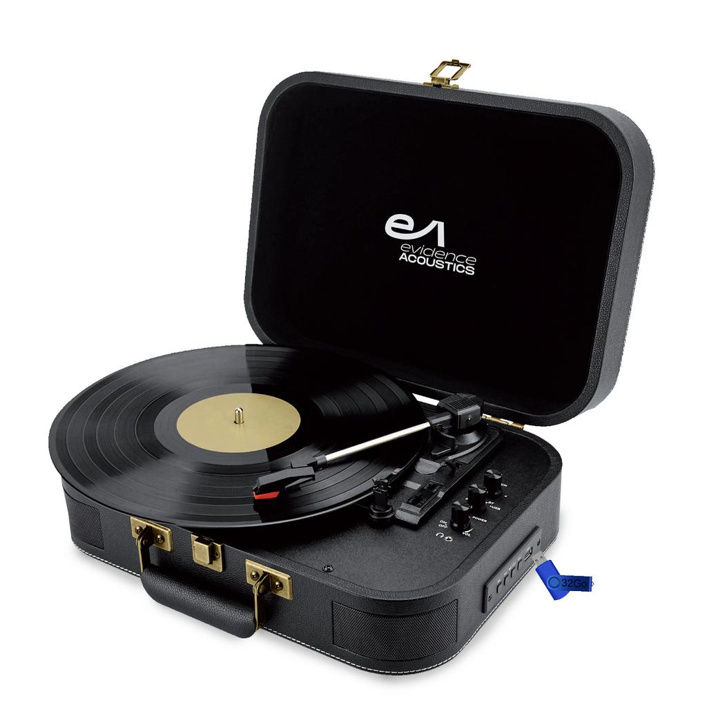 Platine Vinyle Evidence Acoustics Tourne-Disque Vinyle Ea-Pl100-Bk - Haut-Parleurs Intégrés 20 Watts Pmpo - 33, 45 Et 78 Tours - Bluetooth, Usb+Clé Us