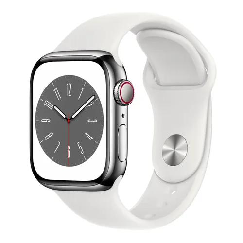 Apple Watch Series 9 (2023) GPS + Cellular 45 mm - Acier inoxydable Argent - Bracelet sport Blanc Reconditionné - Apple reconditionné disponible sur Backmarket