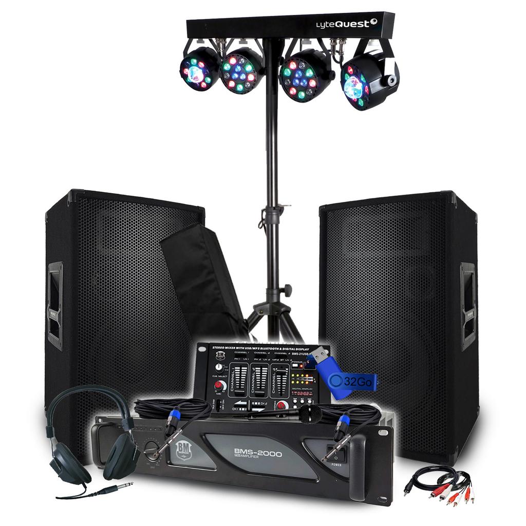 Enceintes sono Pack Sono 3200W BM SONIC Ampli 2000W, Paire d'Enceintes 2x600W, Table de Mixage, Portique 4 Lumières Xperformer+Clé 32G  - N/A reconditionné disponible sur Backmarket
