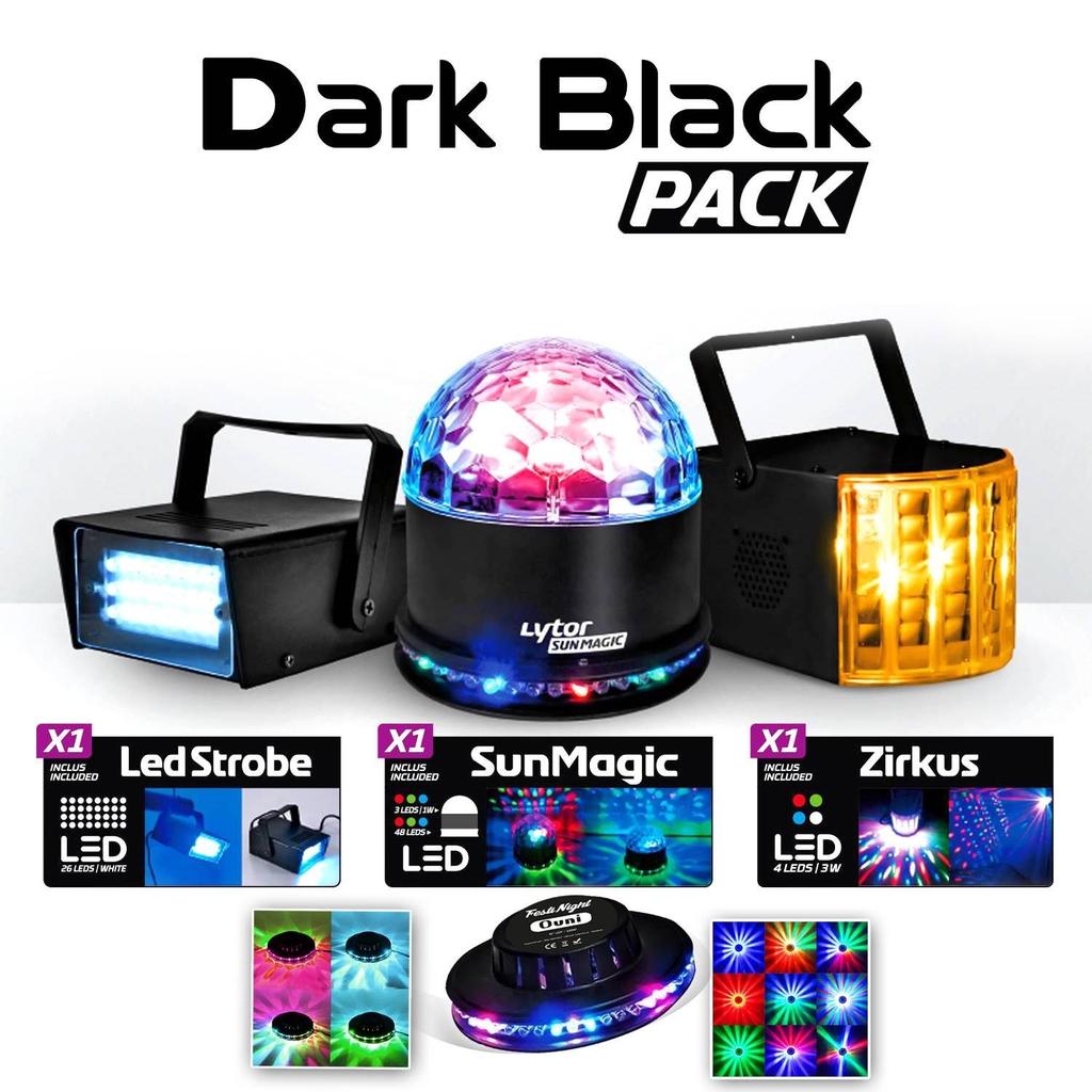 Éclairage Lytor Pack Dark Black 4 Effets Derby Zirkus + Sunmagic Astro/Ufo + Strobe + Ovni