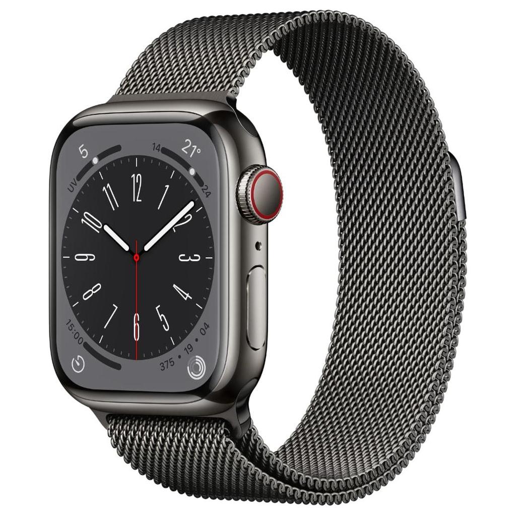Apple Watch Series 8 (2022) GPS + Cellular 41 mm - Acier inoxydable Graphite - Bracelet milanais Noir Reconditionné - Apple reconditionné disponible sur Backmarket