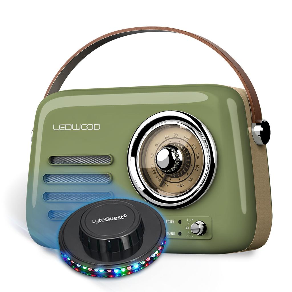 Radio Radio Rétro Portable Ledwood Alma, Fm, Bluetooth Entrée Usb, Puissance 30W, Batterie 1500Mah, Retro Vintage Vert Olive, Ovni Led