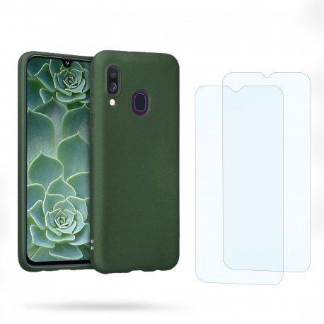 EVETANE Coque Galaxy A40 et 2 écrans de protection - Silicone - Vert