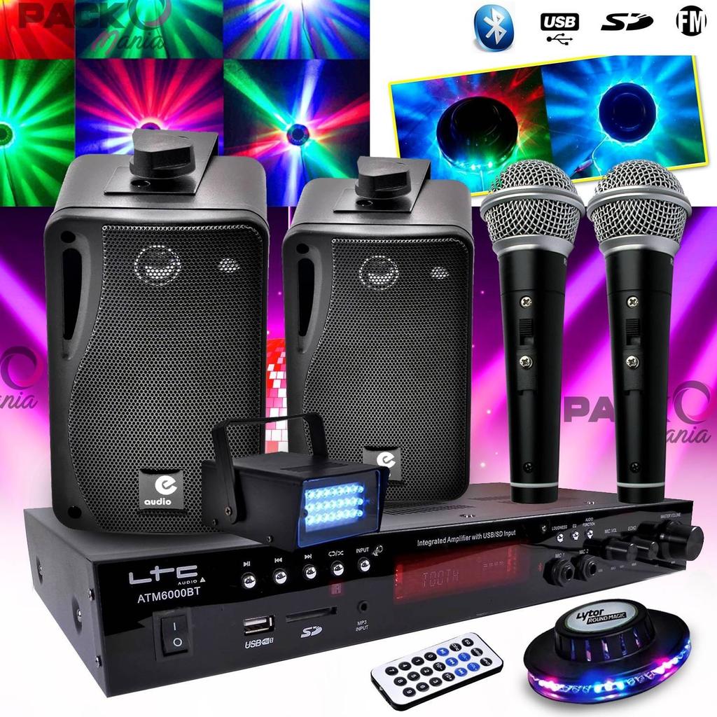 Enceinte Ltc Audio Karaoké Enfant Hi-Fi 100W + 2 Micros Usb Sd Bluetooth + Radio Fm + Câbles + Effet Ovni Led Rvb + Mini Strobe