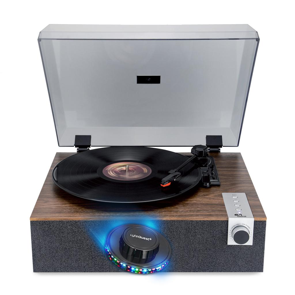 Platine Vinyle Tourne-Disque Vinyle Evidence Acoustics Ea-Pl200-Wood Haut-Parleurs Intégrés 40W Pmpo - 33, 45 Et 78 Tours - Bluetooth, Ovni Led