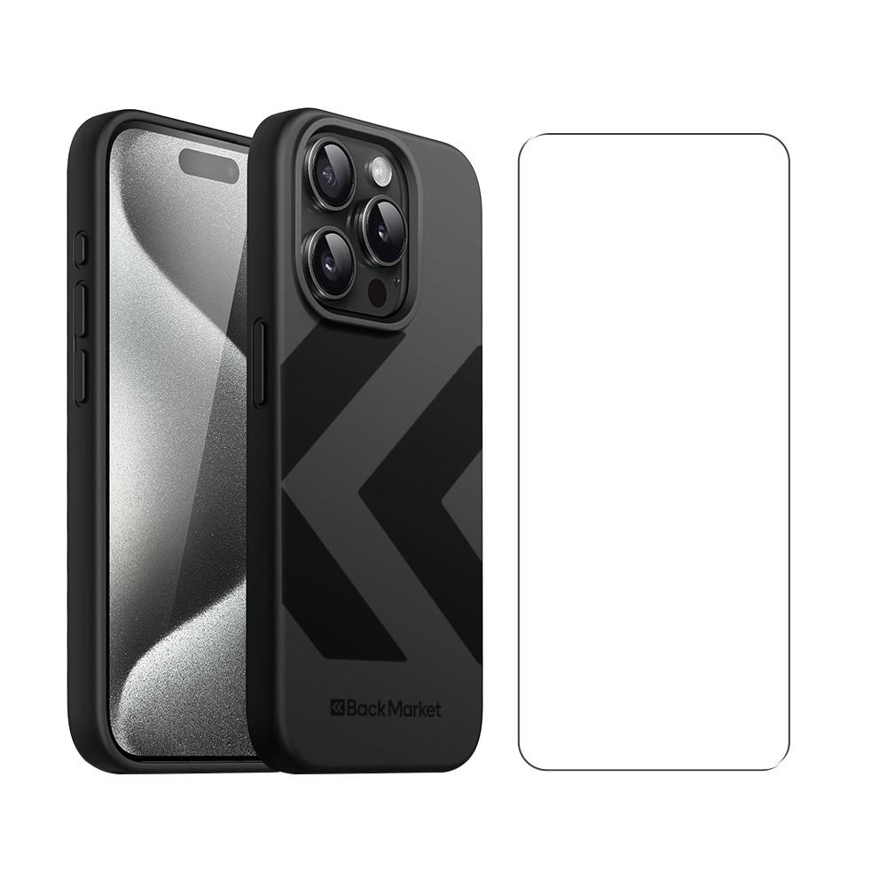 Coque Back Market iPhone 15 Pro et écran de protection - Plastique recyclé - Noir (Chevron)